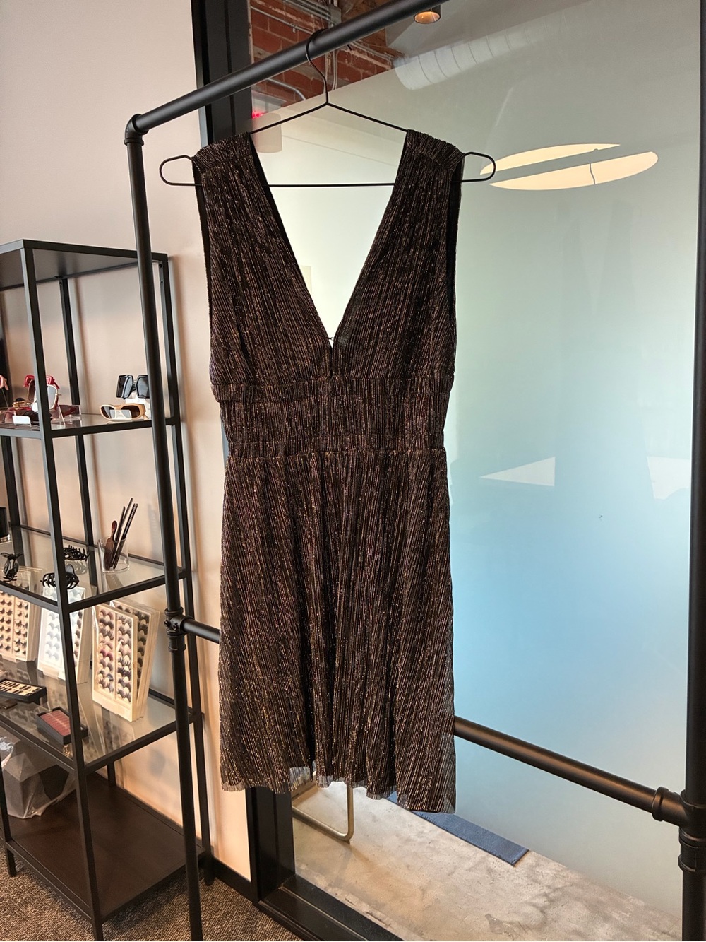 Maje Metallic Deep Brown V-Neck Mini Dress